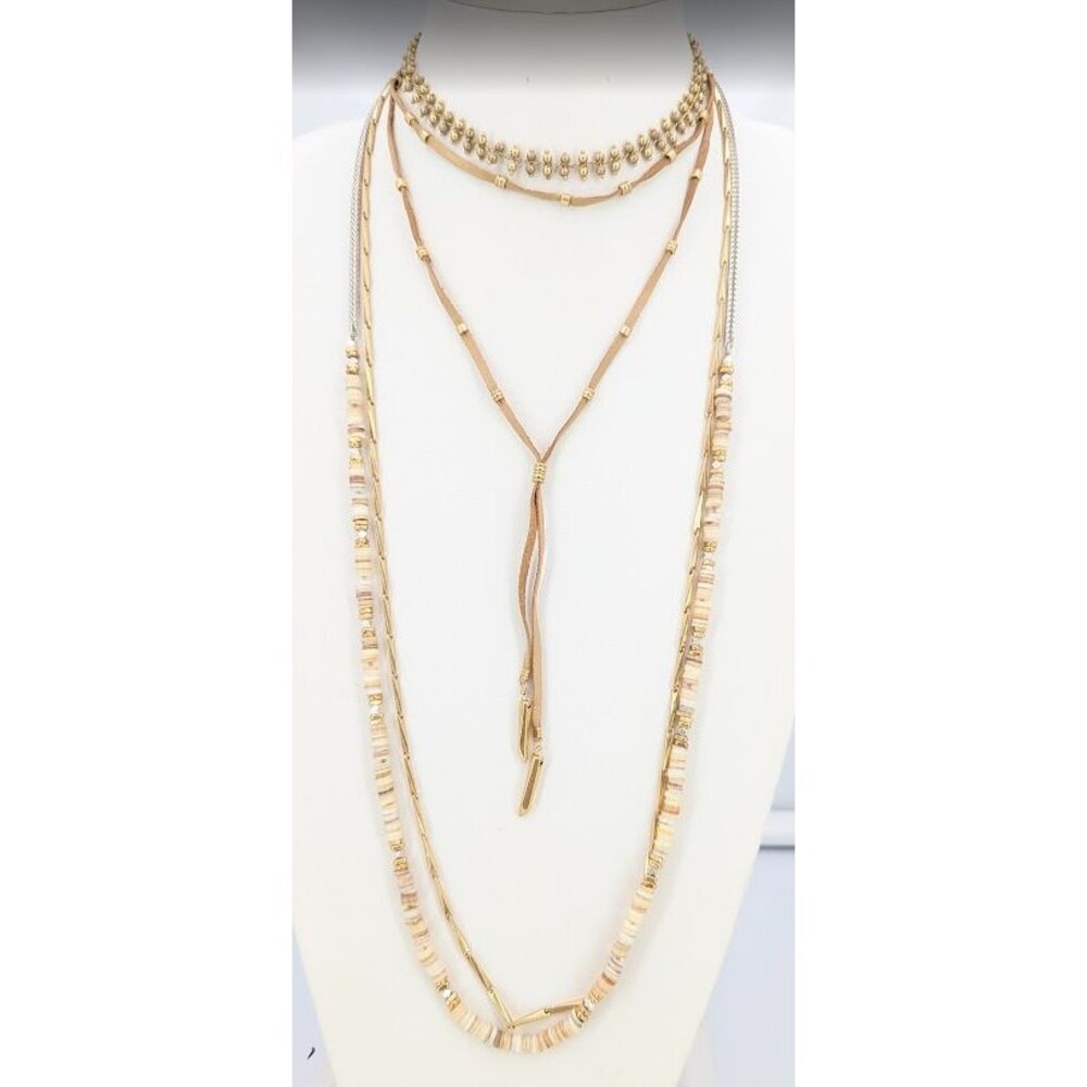Stella & Dot Necklace Mixed Media Gold Silver Cream Layered Lariat 17in Neck 75g